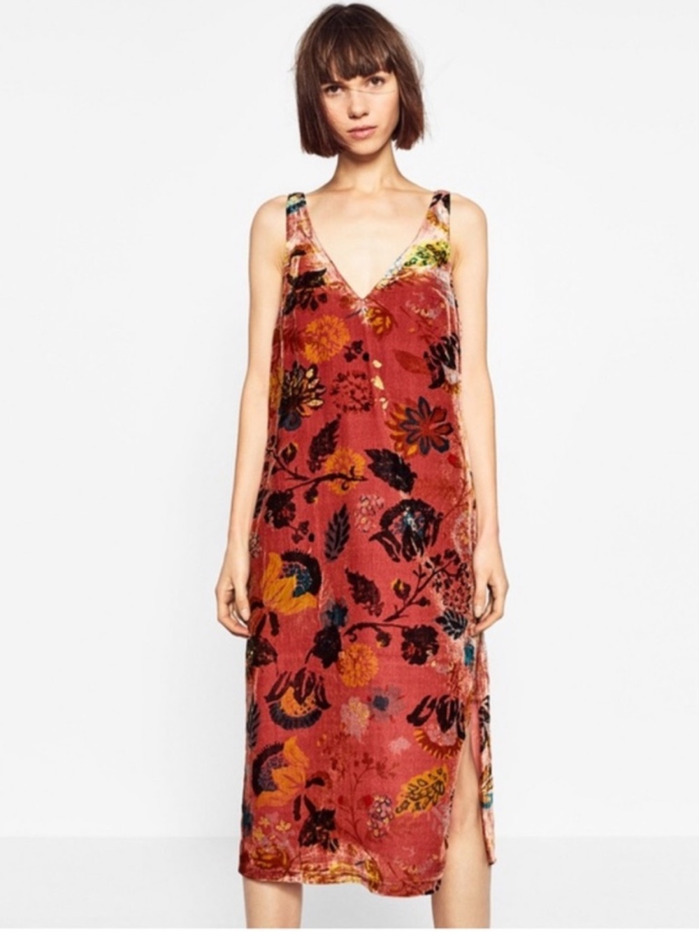 Zara Floral Print Velvet V-Neck Midi Sleeveless Slip Dress Small NWT